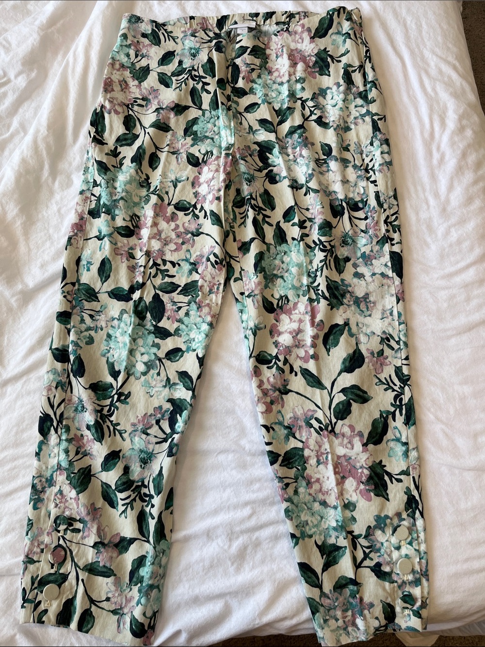 Floral Print Lightweight Linen Stretch Pants in Cream and Mint
